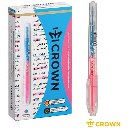 Текстовыделитель двухсторонний Crown "Multi Hi-Lighter Twin" розовый/голубой, 3/2мм 