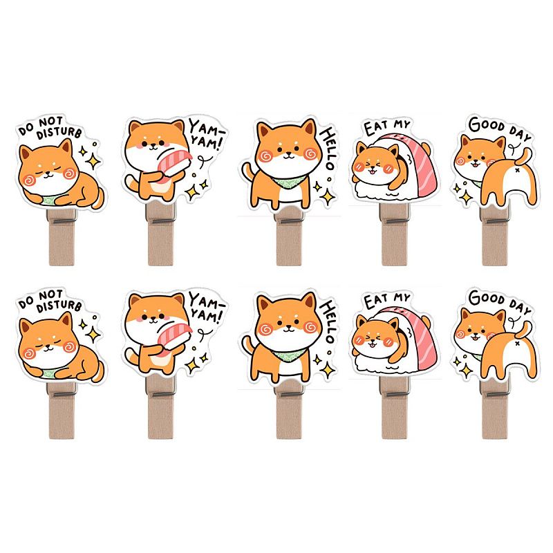 Зажимы для бумаг 7мм, MESHU "Funny dogs", 10шт.,  деревянные, ассорти, опп пакет с европодвесом, веревка в комплекте