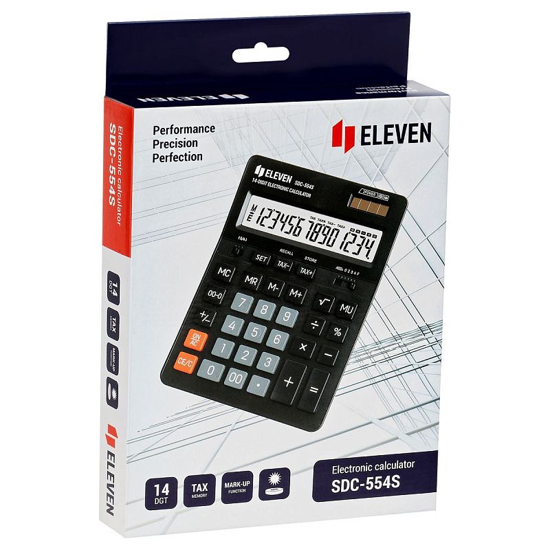 Калькулятор настольный Eleven SDC-554S, 14 разрядов, двойное питание, 155*205*36мм, черный