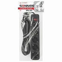 Сетевой фильтр SONNEN SPB-305, 5 розеток с заземлением, выключатель, 10 А, 3 м, черный, 513657