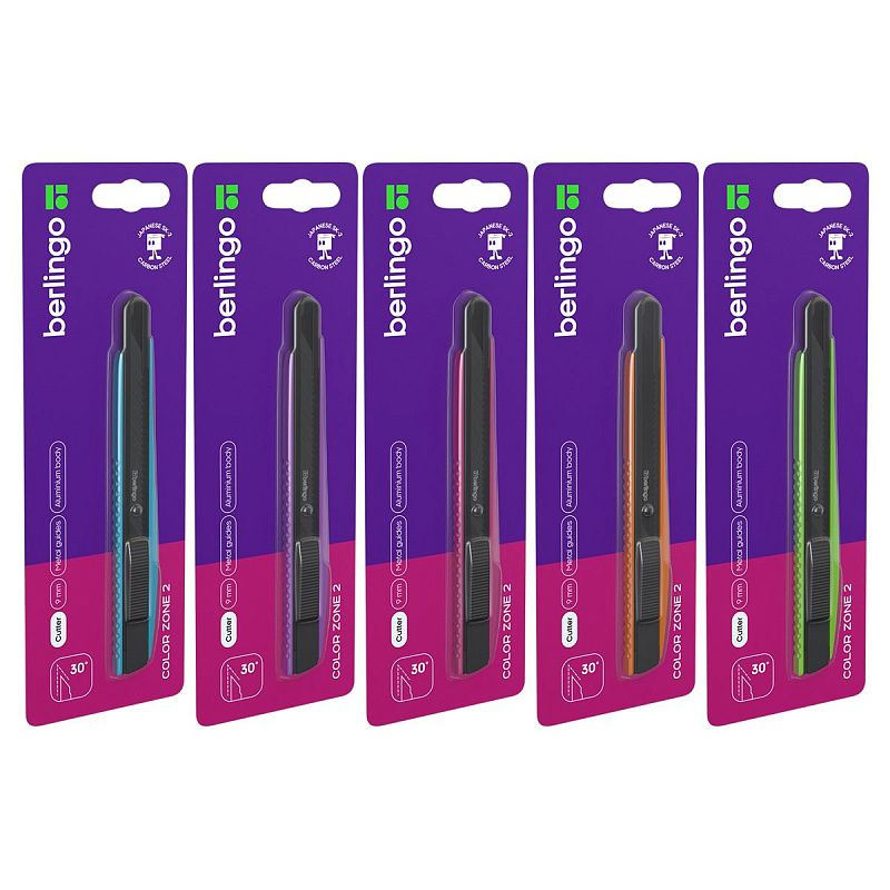 Нож канцелярский 9мм Berlingo "Color Zone 2", черное лезвие, auto-lock, металл. направл., ассорти, европодвес