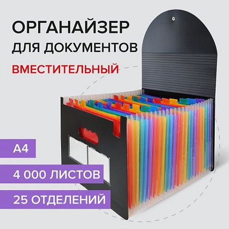 Папка-органайзер для бумаг и документов на резинке, 25 отделений, BRAUBERG DOCS, А4, черная, 271151 