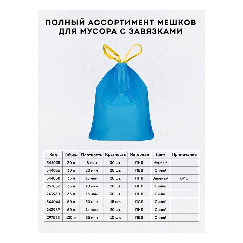 Мешки для мусора 30л OfficeClean ПВД, 50*60см, 20мкм, 20шт., особо прочные, синие, в рулоне, с завязками