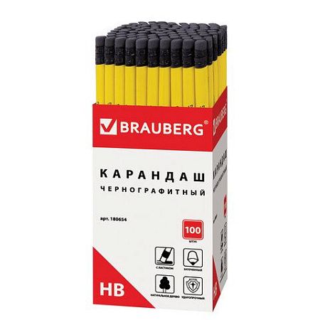 Карандаш чернографитный BRAUBERG, 1 шт., "Смайлики", НВ, c ластиком, корпус желтый, заточенный, 180654 