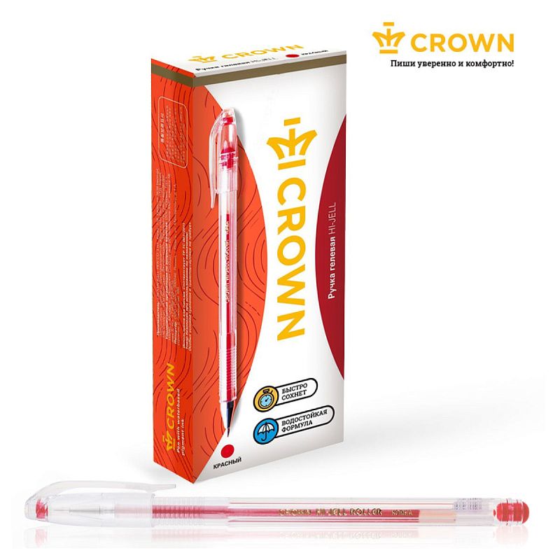 Ручка гелевая Crown "Hi-Jell" красная 0,5мм, штрих-код 