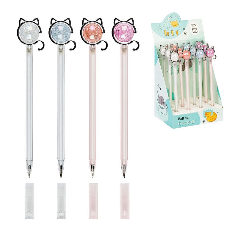 Ручка шариковая MESHU "Cat" синяя, 0,7мм, корпус ассорти, с топпером 