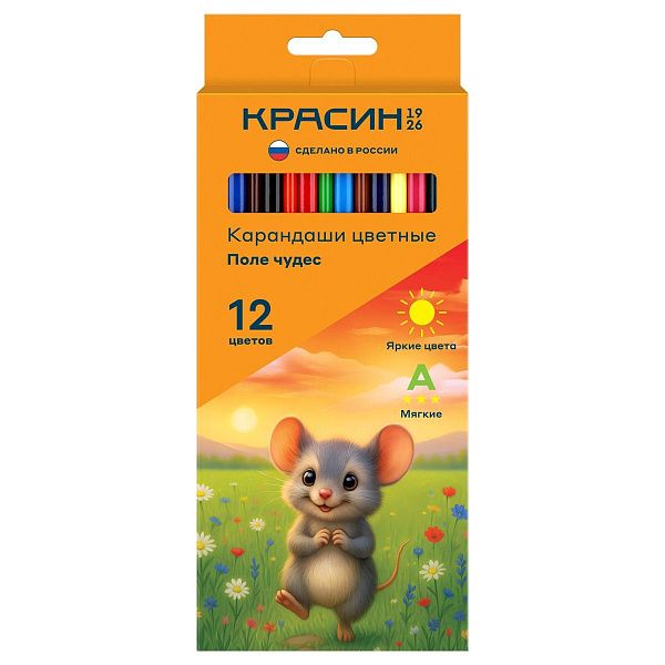 Карандаши цветные Красин "Поле чудес", 12цв., трехгр., заточен., картон, европодвес