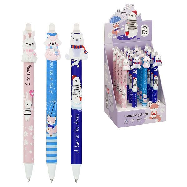 Ручка гелевая стираемая автоматическая MESHU "Funny friends" синяя, 0,5мм, корпус ассорти, с топпером