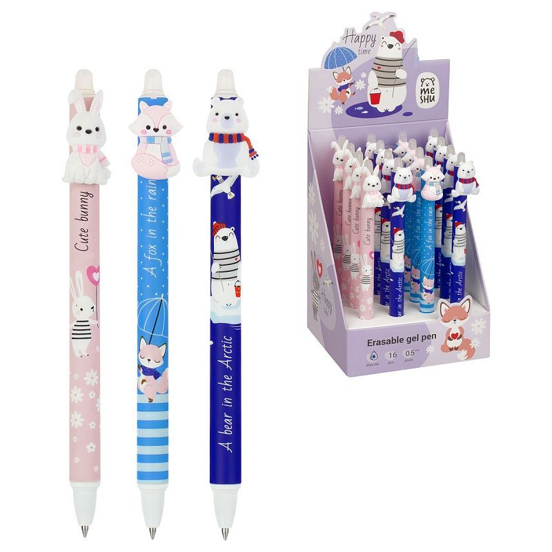 Ручка гелевая стираемая автоматическая MESHU "Funny friends" синяя, 0,5мм, корпус ассорти, с топпером