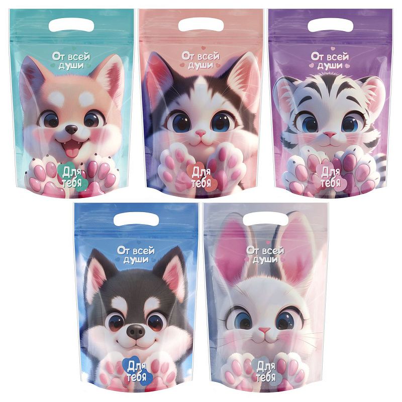 Набор подарочных пакетов 15*22 см, зип-лок, MESHU "Зверята", 35шт.