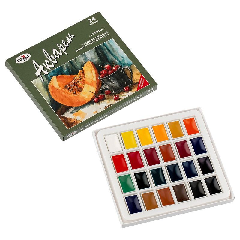 Акварель художественная Гамма "Студия", 24цв., кюветы, картон. упаковка