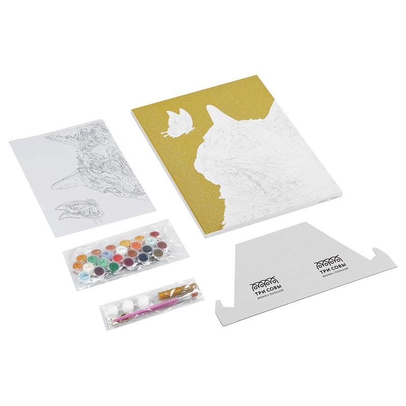 Картина по номерам на холсте с глиттером ТРИ СОВЫ "Кот и бабочка", 30*40, с акриловыми красками и кистями