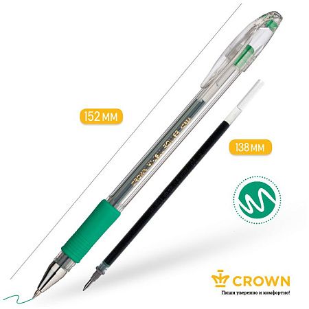 Ручка гелевая Crown "Hi-Jell Grip" зеленая, 0,5мм, грип 