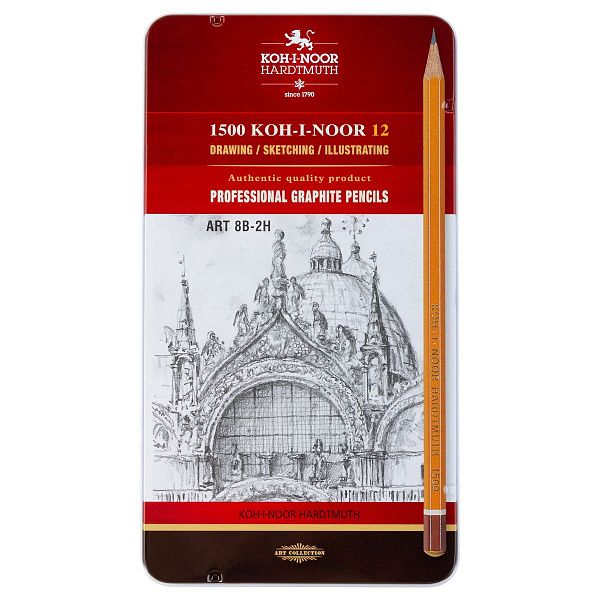 Набор карандашей ч/г Koh-I-Noor "1500 Art" 12шт., 8B-2H, заточен., метал. пенал