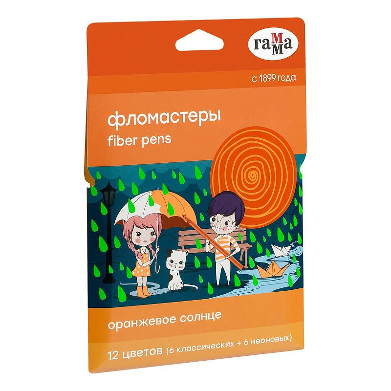 Фломастеры Гамма "Оранжевое солнце", 12цв.(6 обычных + 6 неоновых цветов), 12шт., смываемые, картон. упаковка, европодвес
