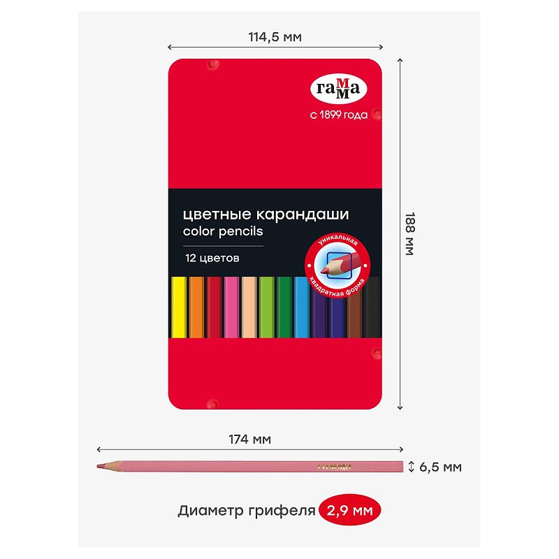 Карандаши цветные Гамма, 12цв., квадратные, заточен., метал. пенал