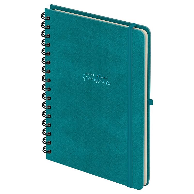 Записная книжка А5 96л., кожзам, на гребне, Greenwich Line "Just start. Cyan", твердая обложка, тиснение фольгой, с петлей для ручки