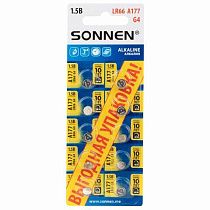 Батарейки алкалиновые "таблетка" КОМПЛЕКТ 10 шт., SONNEN Alkaline 177A (G4, LR66), в блистере, 457135