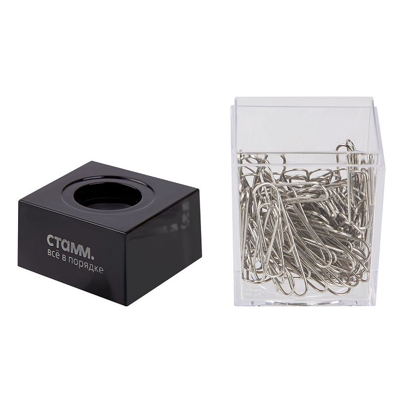 Скрепочница магнитная СТАММ, 100 никелированных скрепок, прозрачный корпус, картонная коробка