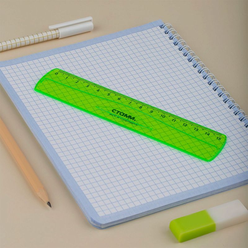 Линейка 15см СТАММ, пластиковая, гибкая, прозрачная, зеленая, европодвес 