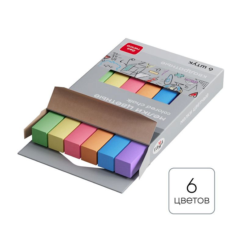 Мелки школьные Гамма, цветные, 06шт., мягкие, квадратные, картонная упаковка, европодвес 