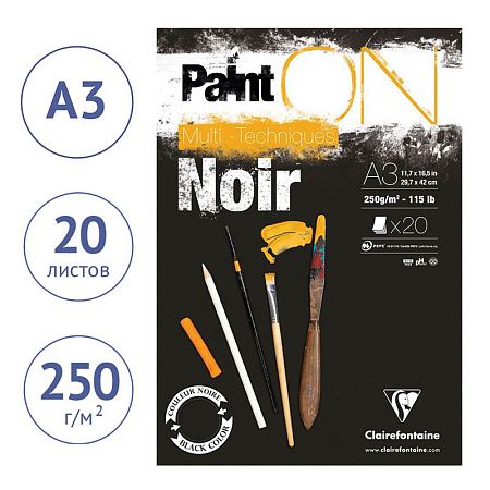 Скетчбук - альбом для смешанных техник 20л., А3 Clairefontaine "Paint ON Noir", на склейке, черный, 250г/м2