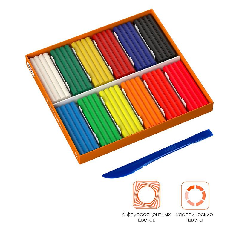 Пластилин Гамма "Оранжевое солнце", 12 цветов (6 классич., 6 флуор.), 168г, со стеком. картон. упаковка