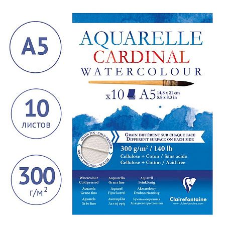 Альбом для акварели, 10л., А5, на склейке Clairefontaine "Cardinal", 300г/м2, торшон, холод. пресс., хлопок