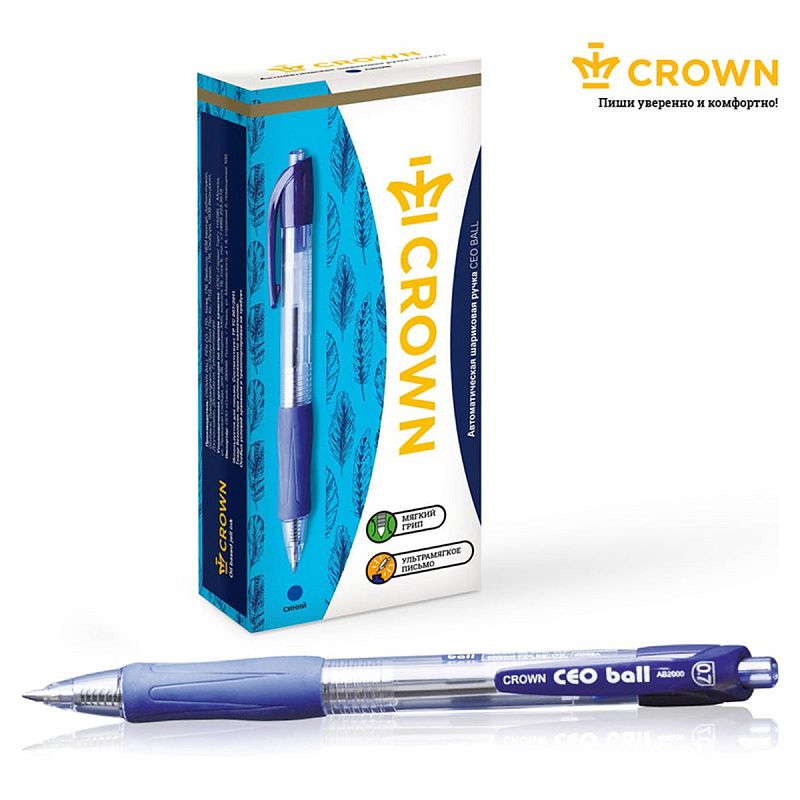Ручка шариковая автоматическая Crown "CEO Ball" синяя, 0,7мм, грип 