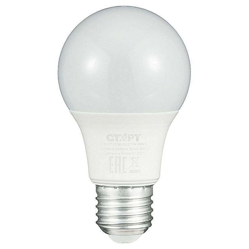 Лампа светодиодная Старт LED, серия "WS" 7W40, тип А "груша", E27, 4000К, нейтральный свет, 25000ч