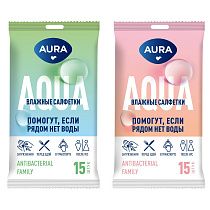 Салфетки влажные Aura "Family", 15шт., антибактериальные