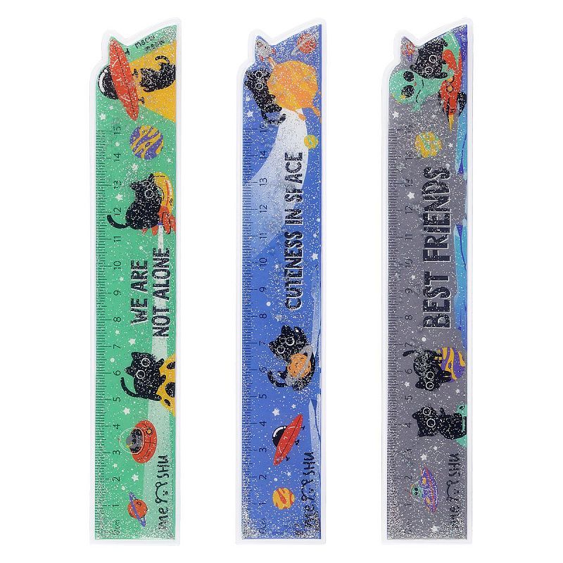 Линейка 15см MESHU "Space Cat" ПВХ с блестками, ассорти, европодвес 