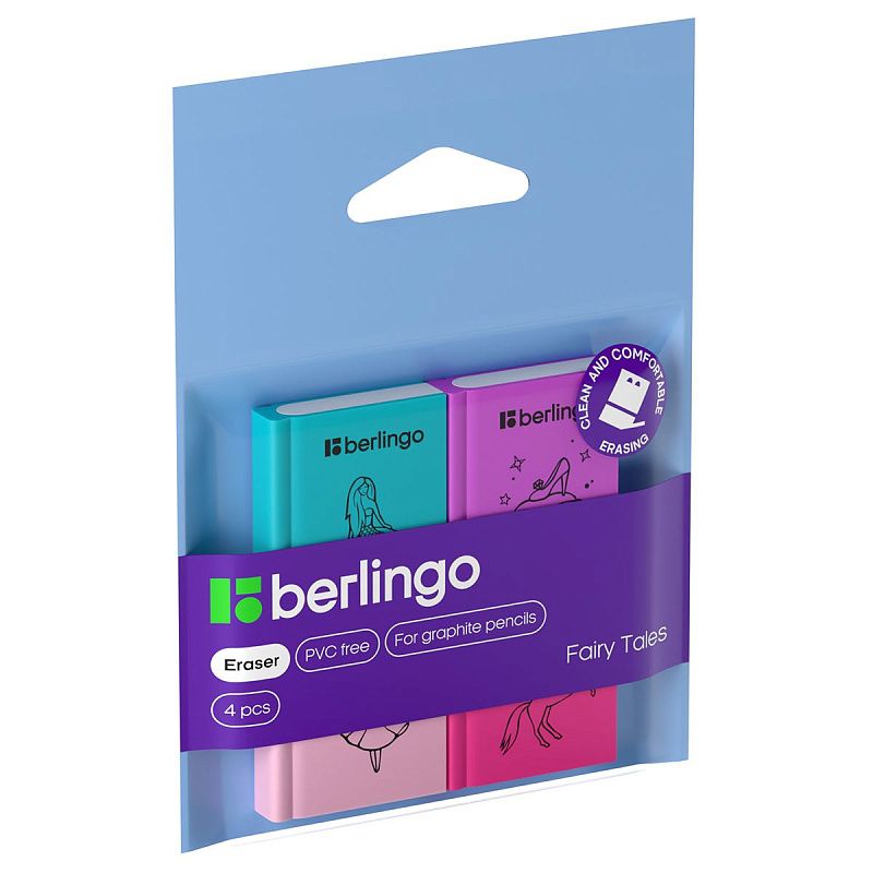 Ластик Berlingo "Fairy Tales", 4шт., термопластичная резина, 28*25*7мм, пакет с европодвесом 