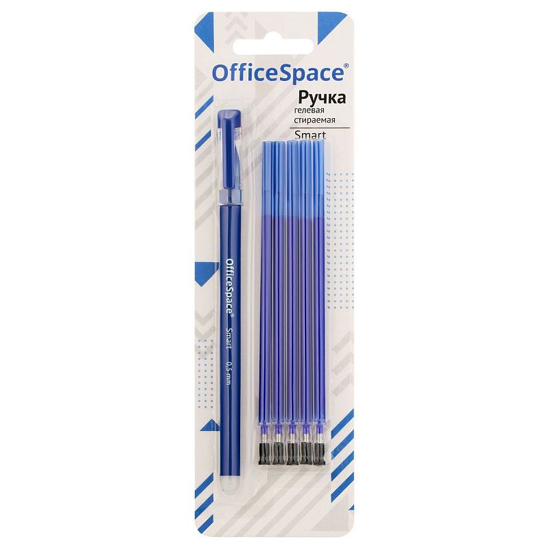 Ручка гелевая стираемая OfficeSpace "Smart" синяя, +5 сменных стерженей, 0,5мм, soft-touch, блистер