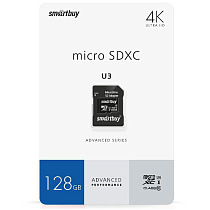 Карта памяти SmartBuy MicroSDXC 128GB PRO U3 Advanced, Class 10, скорость чтения 90Мб/сек (с адаптером SD)