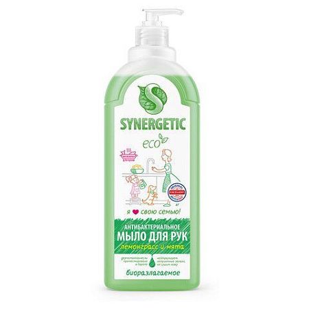 Мыло жидкое антибактериальное 1 л SYNERGETIC "Лемонграсс и мята", антизапах, дозатор, 105101 