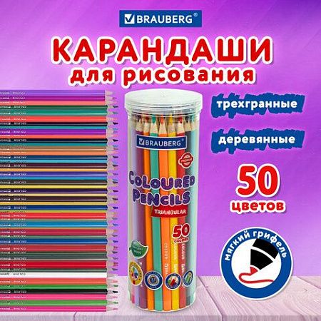 Карандаши цветные BRAUBERG PREMIUM 50 цветов в тубе, трехгранные, мягкий грифель 3,3 мм, 181935