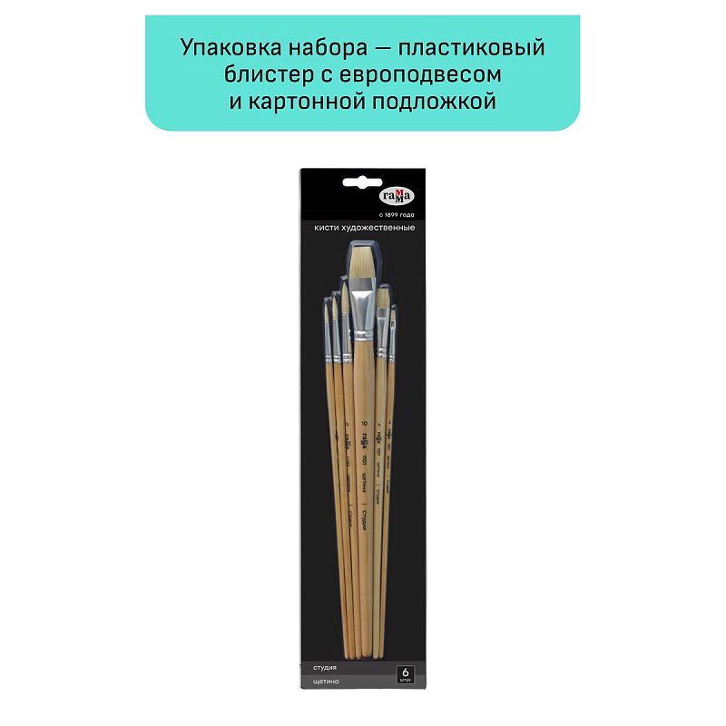 Набор художественных кистей щетина Гамма "Студия", 6шт., круглые №2, 6, 10 плоские №2, 6, 10, блистер, европодвес