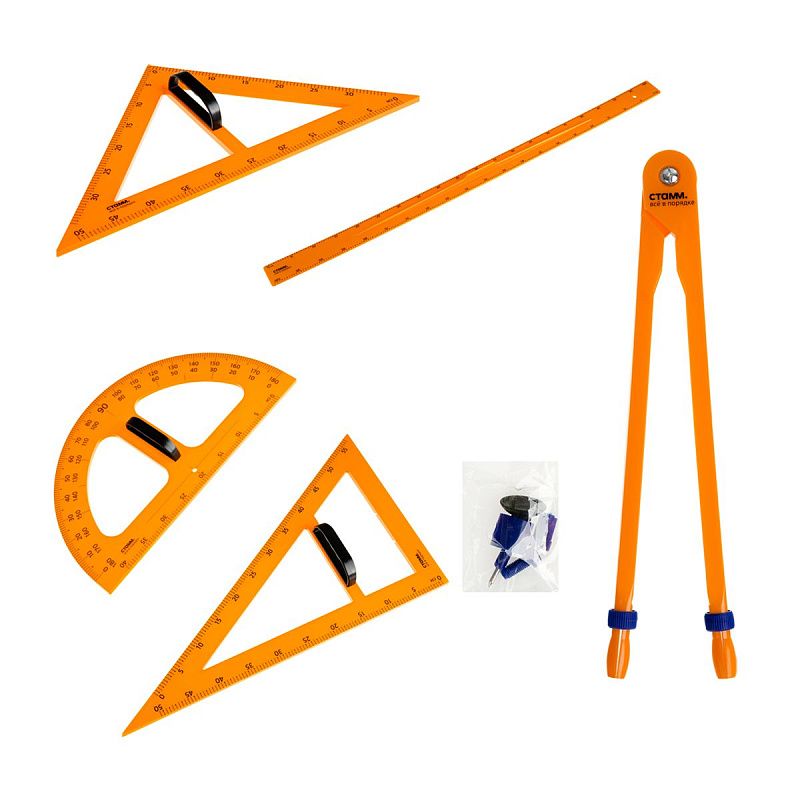 Набор для школьной доски СТАММ (линейка 100см, треугольник 30°, треугольник 45°, транспортир, циркуль), желтый, коробка 