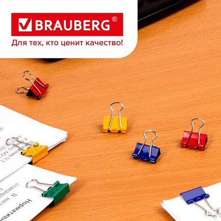 Зажимы для бумаг BRAUBERG, КОМПЛЕКТ 12 шт., 15 мм, на 45 листов, цветные, картонная коробка, 224469