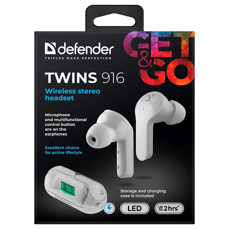 Наушники с микрофоном беспроводные Defender Twins 916, Bluetooth, разъем Type-C, белый