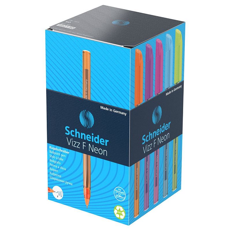 Ручка шариковая Schneider "Vizz F Neon" синяя, 0,8мм, прозрачный корпус неон ассорти 