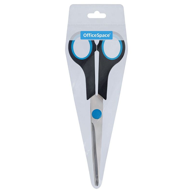 Ножницы OfficeSpace 17,1см, черные с синими вставками, ПВХ чехол с европодвесом
