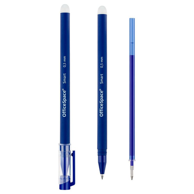 Ручка гелевая стираемая OfficeSpace "Smart" синяя, +5 сменных стерженей, 0,5мм, soft-touch, блистер 