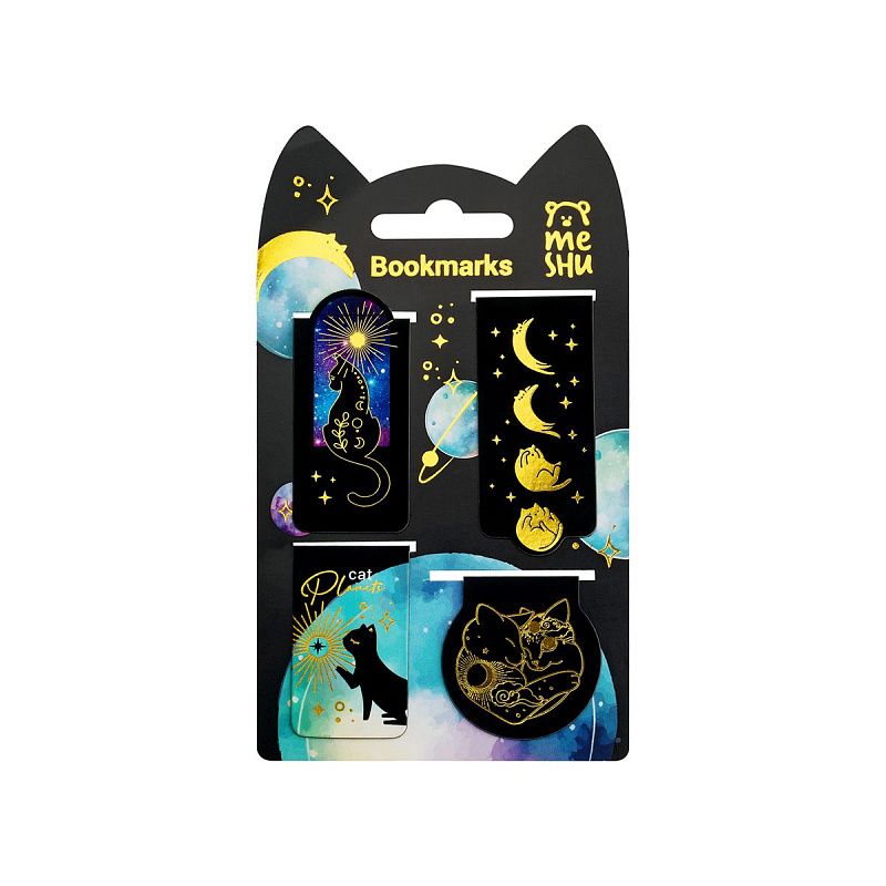 Закладки магнитные для книг, 4шт., MESHU "Moon cat", софт-тач, фольга 