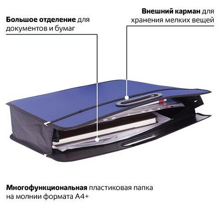 Сумка пластиковая BRAUBERG, А4+, 390х315х70 мм, на молнии, внешний карман, фактура бисер, синяя, 225167 
