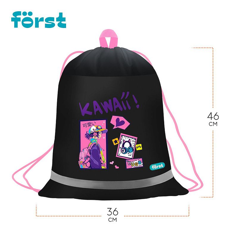 Мешок для обуви 1 отделение Först "Kawaii", 360*460мм, вентиляционная сеточка, светоотражающая полоса 