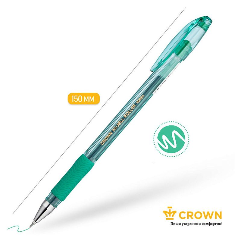 Ручка гелевая Crown "Hi-Jell Needle Grip" зеленая, 0,7мм, грип, игольчатый стержень, штрих-код 