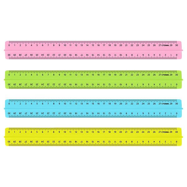 Линейка 30см СТАММ, пластиковая, с держателем, прозрачная, неоновые цвета, ассорти
