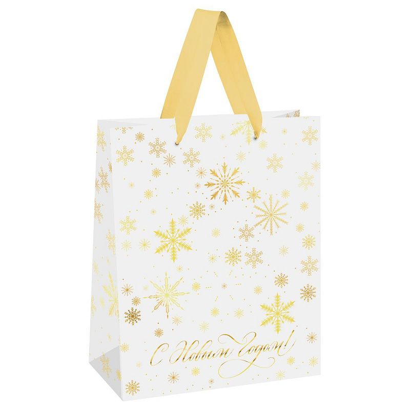 Пакет подарочный 26*32*12см MESHU "Gold snowflake", фольга, матовая ламинация